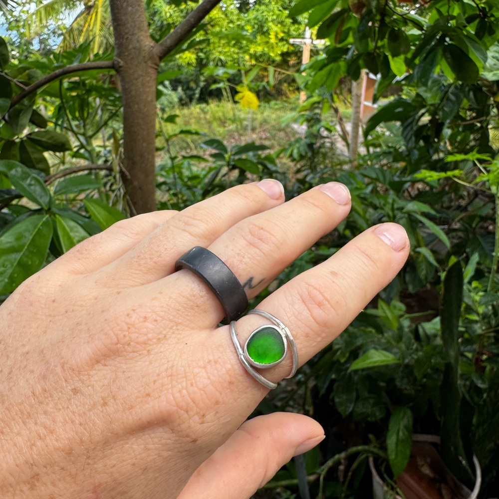 Handmade Sterling silver sea glass ring green 925 double band - Picture 4 of 5